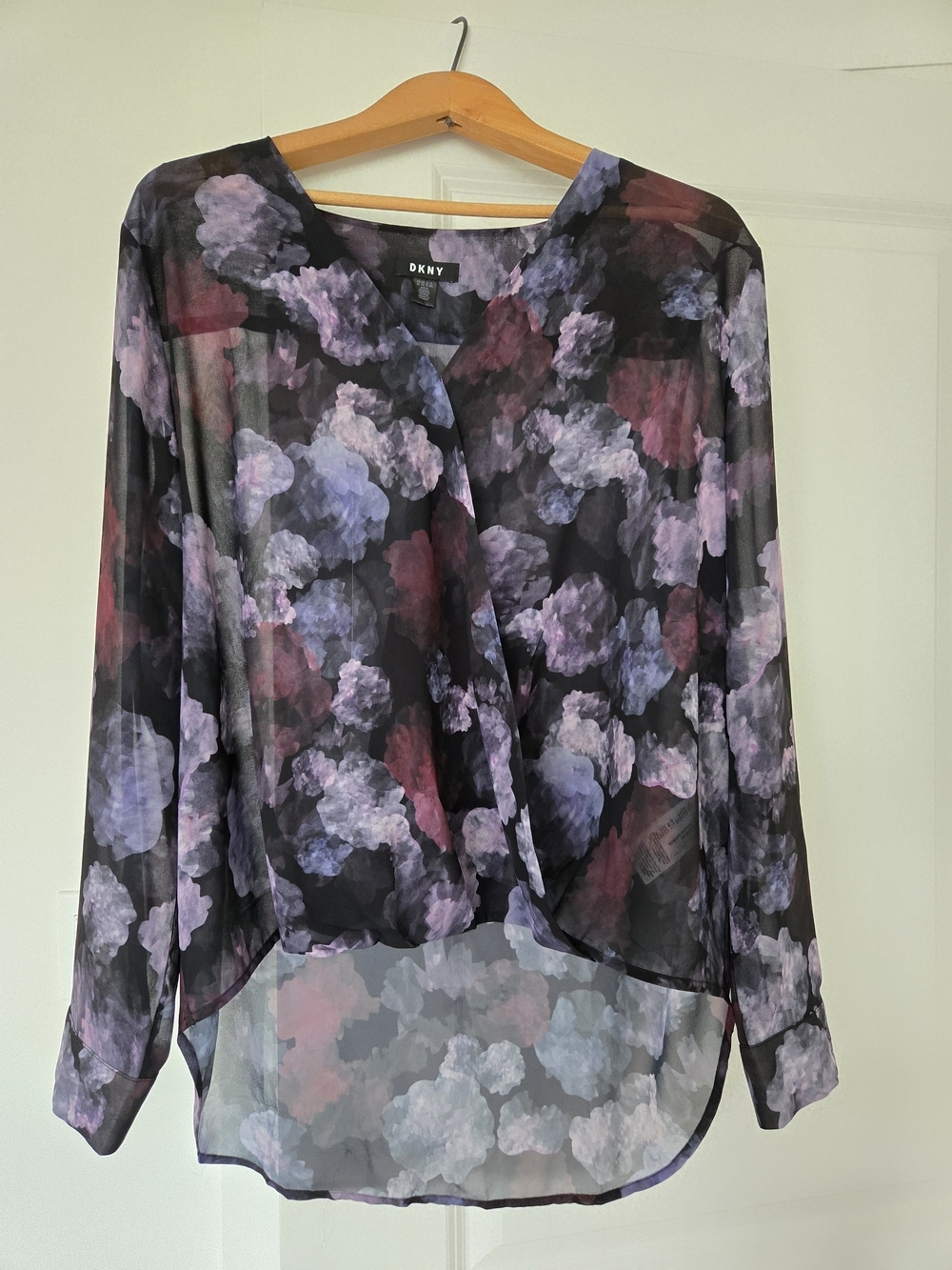 Sheer Floral Print Long-Sleeve Blouse - Purple/Black